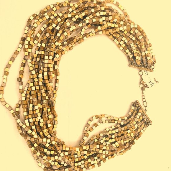 Vintage Multi Strand Metallic Cube Bead Necklace Gold Tone 46–51 cm - Picture 5 of 16